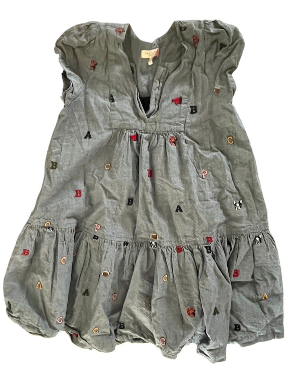 Pink Chicken New York Girls Chambray Embroidered Alphabet Dress Size 7Y